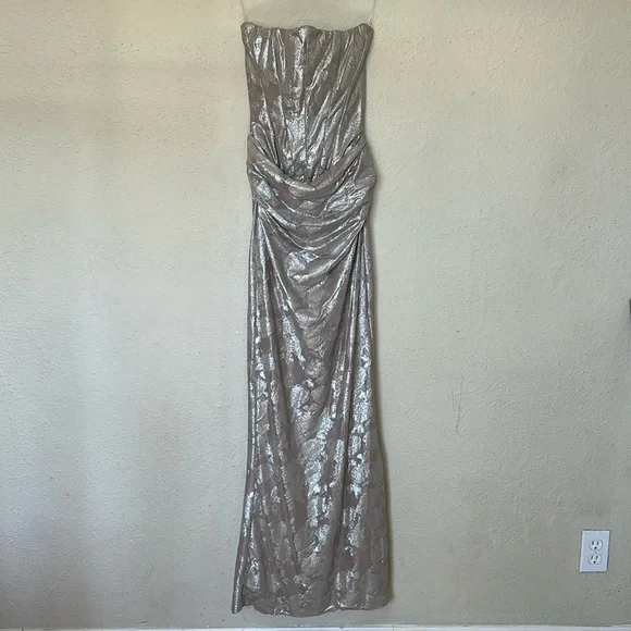 House of CB Persephone Pale Gold Chiffon Mesh Strapless Corset Maxi Dress XS A-C House of CB Persephone Pale Gold Chiffon Mesh Strapless Corset Maxi Dress XS A-C